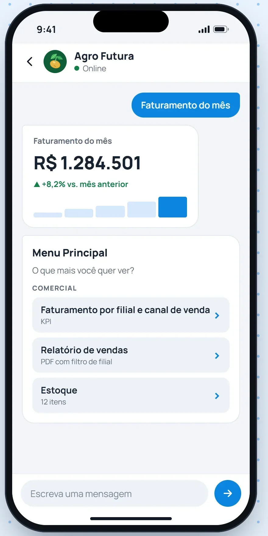 Hyper App mostrando o faturamento do mês e o menu principal