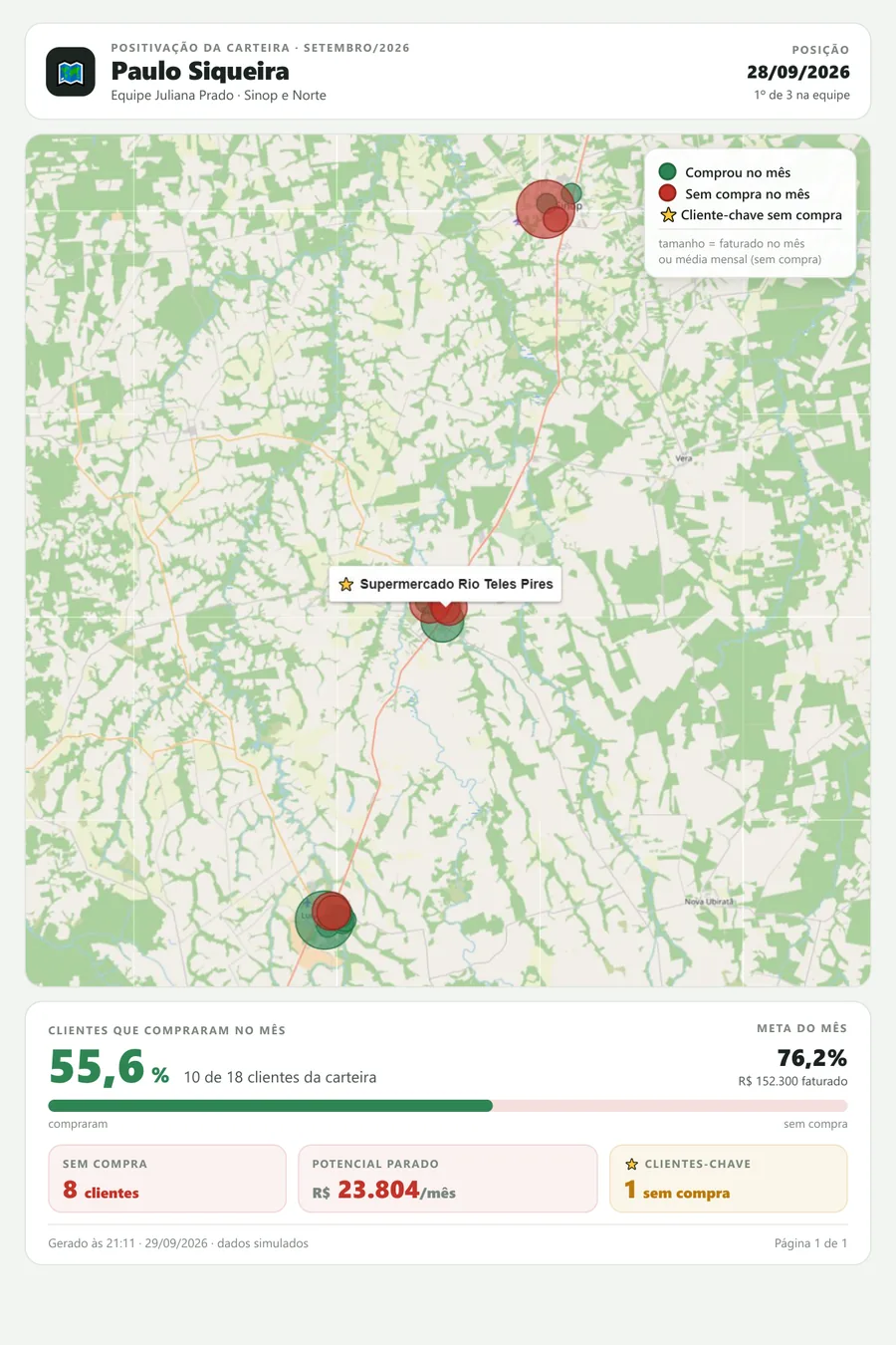 Mapa de positivação da carteira do vendedor