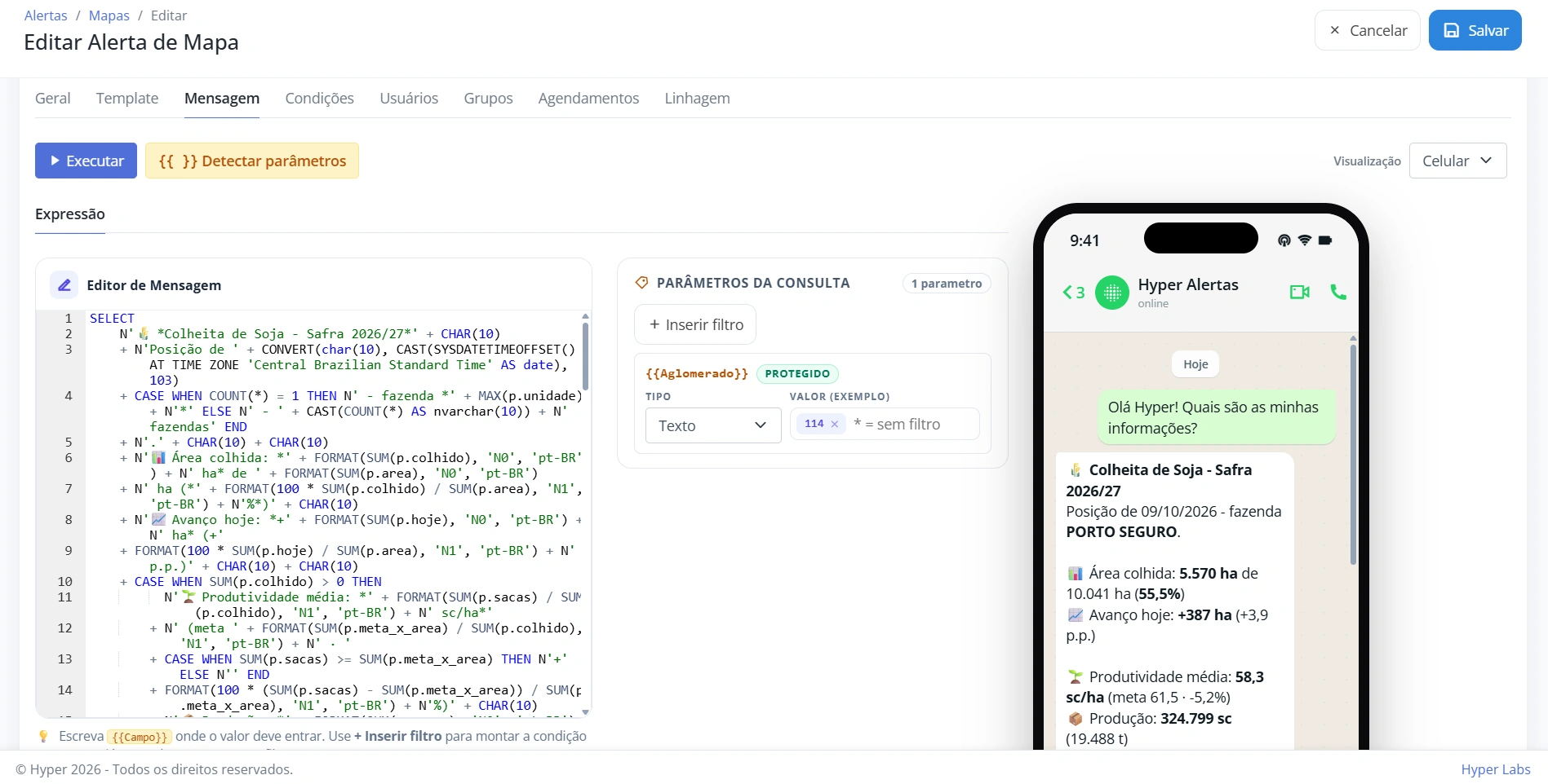 Editor de mensagem do alerta: o texto do WhatsApp é um SQL escrito pela IA, com parâmetro protegido e a prévia no celular ao lado.